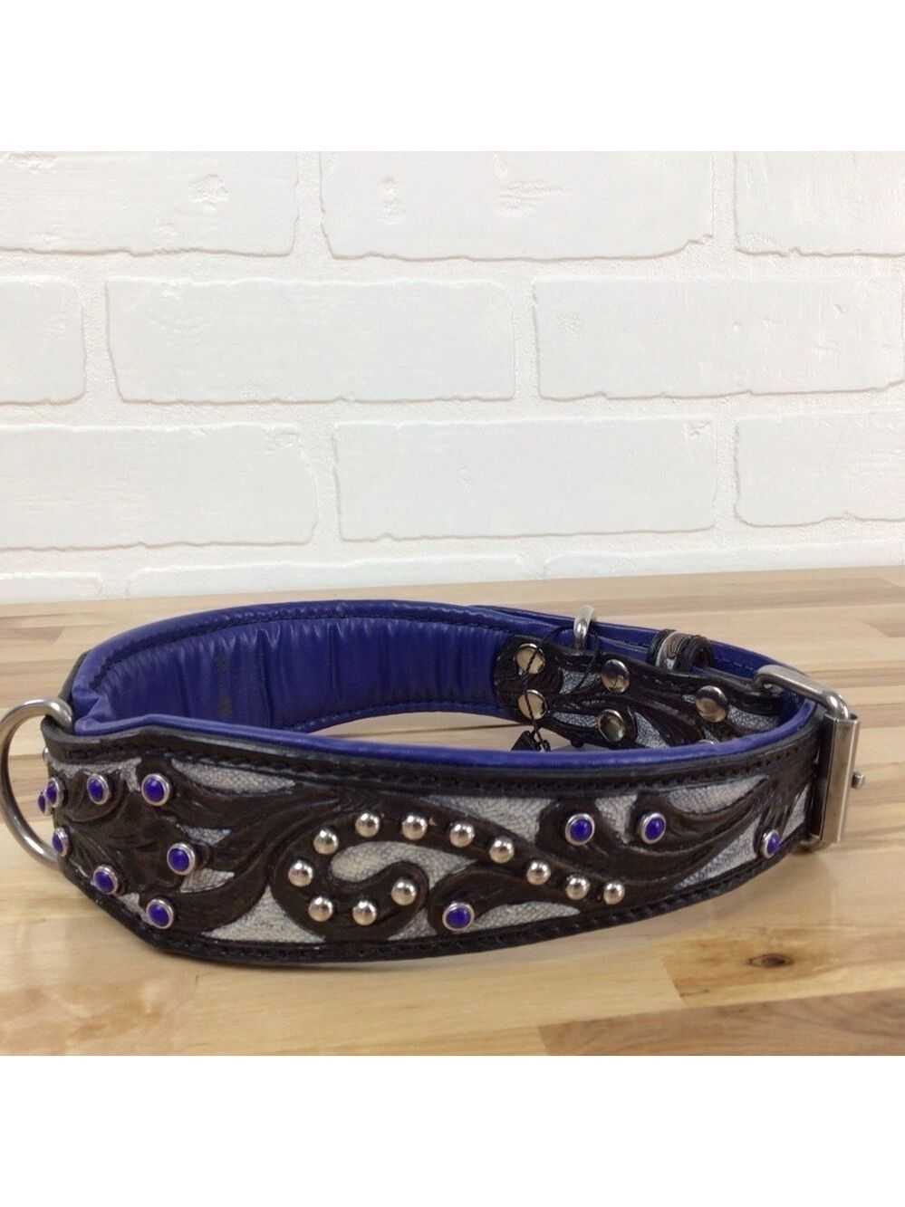 Madcow genuine leather contemporary dog collar handmade black cobalt blue silver
